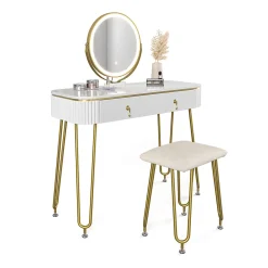 Vicco Coiffeuse Blanc Haute brillance 100cm avec éclairage LED et tabouret