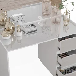 Vicco Coiffeuse Blanc Haute brillance 120cm avec miroir, guirlande lumineuse LED