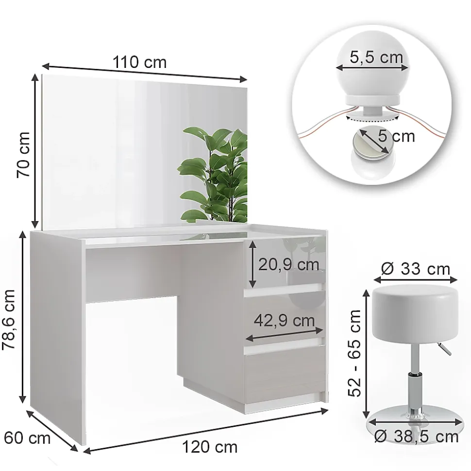 Vicco Coiffeuse Blanc Haute brillance 120cm avec miroir, tabouret, guirlande lumineuse LED