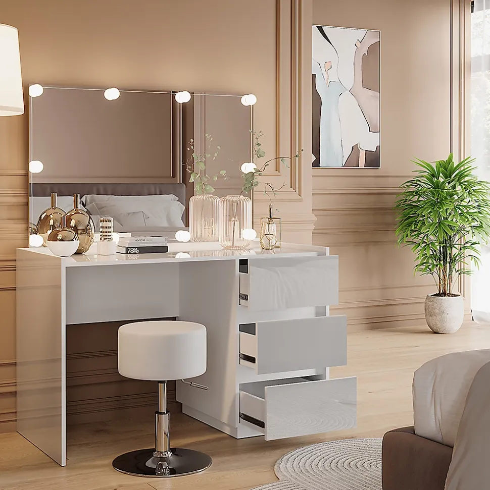 Vicco Coiffeuse Blanc Haute brillance 120cm avec miroir, tabouret, guirlande lumineuse LED