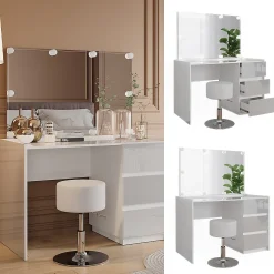 Vicco Coiffeuse Blanc Haute brillance 120cm avec miroir, tabouret, guirlande lumineuse LED