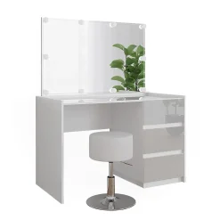 Vicco Coiffeuse Blanc Haute brillance 120cm avec miroir, tabouret, guirlande lumineuse LED
