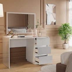 Vicco Coiffeuse Blanc Haute brillance 120cm avec 3 tiroirs