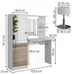 Vicco coiffeuse Blanc 123x141.2cm avec tabouret