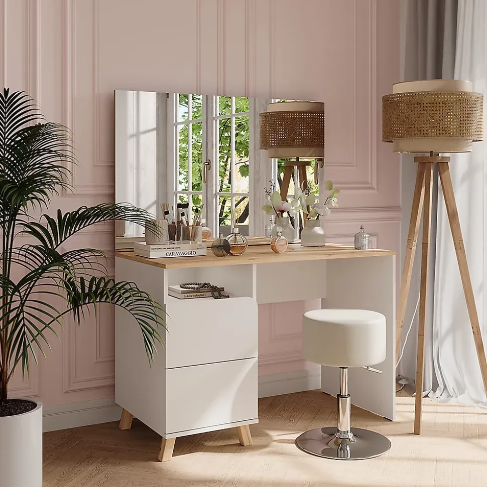 Vicco Coiffeuse Blanc/Artisan 110cm avec tabouret
