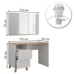 Vicco Coiffeuse Blanc/Artisan 110cm avec guirlande lumineuse LED
