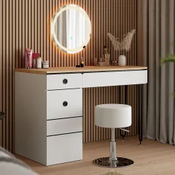 Vicco Coiffeuse Blanc/bois naturel 120cm avec miroir LED