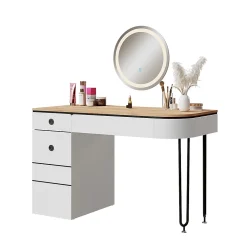 Vicco Coiffeuse Blanc/bois naturel 120cm avec miroir LED