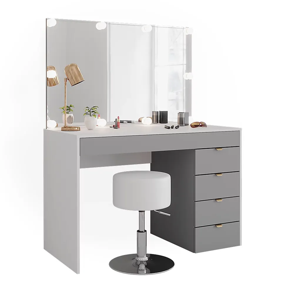 Vicco Coiffeuse Blanc/gris/gris 115cm avec éclairage LED et tabouret