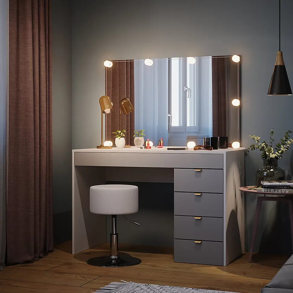 Vicco Coiffeuse Blanc/gris/gris 115cm avec éclairage LED et tabouret