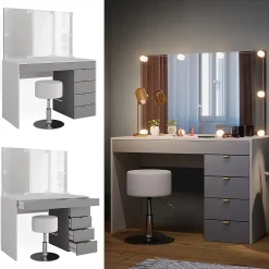 Vicco Coiffeuse Blanc/gris/gris 115cm avec éclairage LED et tabouret