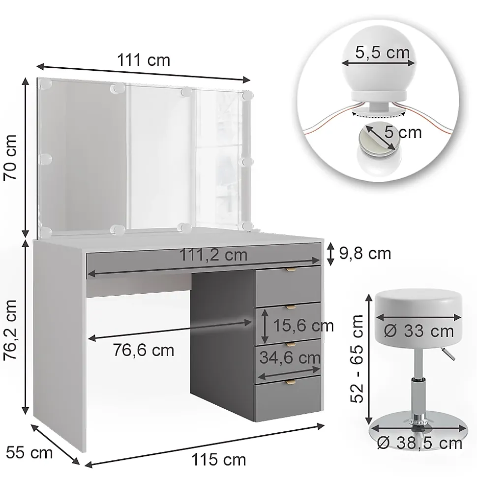 Vicco Coiffeuse Blanc/gris/gris 115cm avec éclairage LED et tabouret