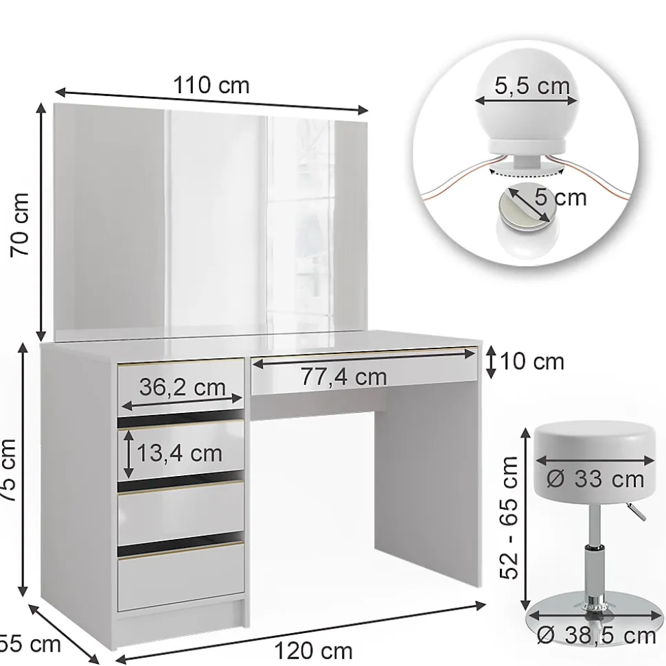 Vicco Coiffeuse Blanc/Or 55cm avec éclairage LED et tabouret