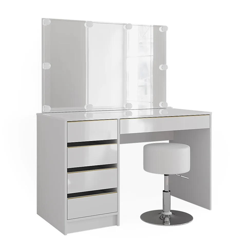 Vicco Coiffeuse Blanc/Or 55cm avec éclairage LED et tabouret