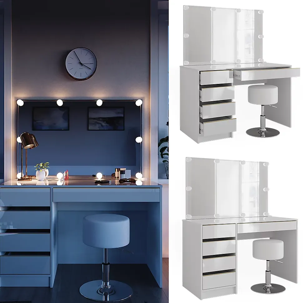 Vicco Coiffeuse Blanc/Or 55cm avec éclairage LED et tabouret