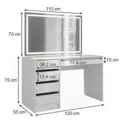 Vicco Coiffeuse Blanc/Or 55cm avec miroir LED