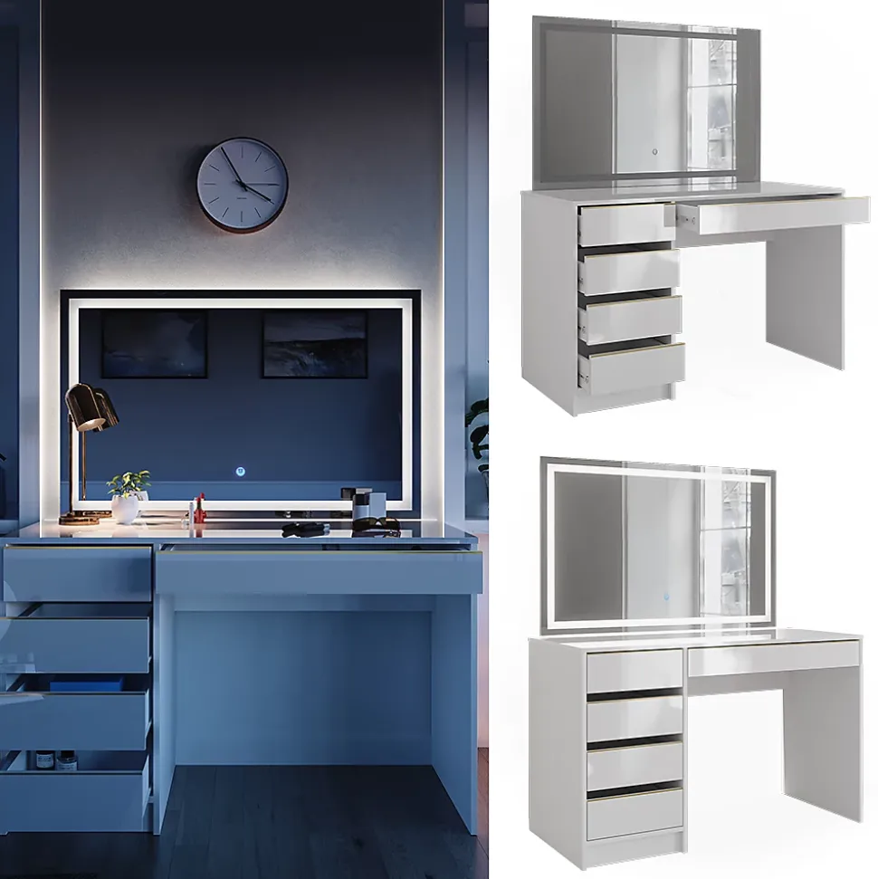 Vicco Coiffeuse Blanc/Or 55cm avec miroir LED