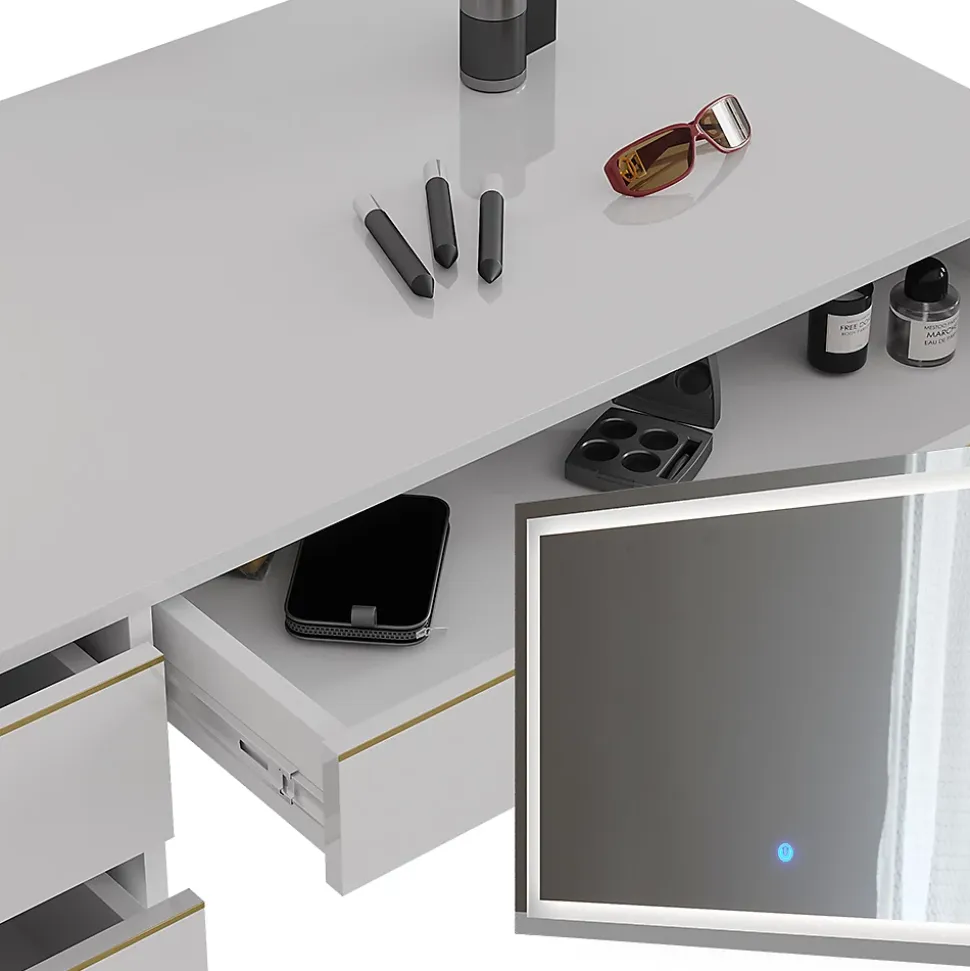 Vicco Coiffeuse Blanc/Or 55cm avec miroir LED