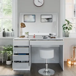 Vicco Coiffeuse Blanc/Or 55cm avec miroir LED et tabouret