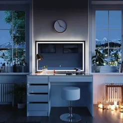 Vicco Coiffeuse Blanc/Or 55cm avec miroir LED et tabouret