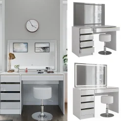 Vicco Coiffeuse Blanc/Or 55cm avec miroir LED et tabouret