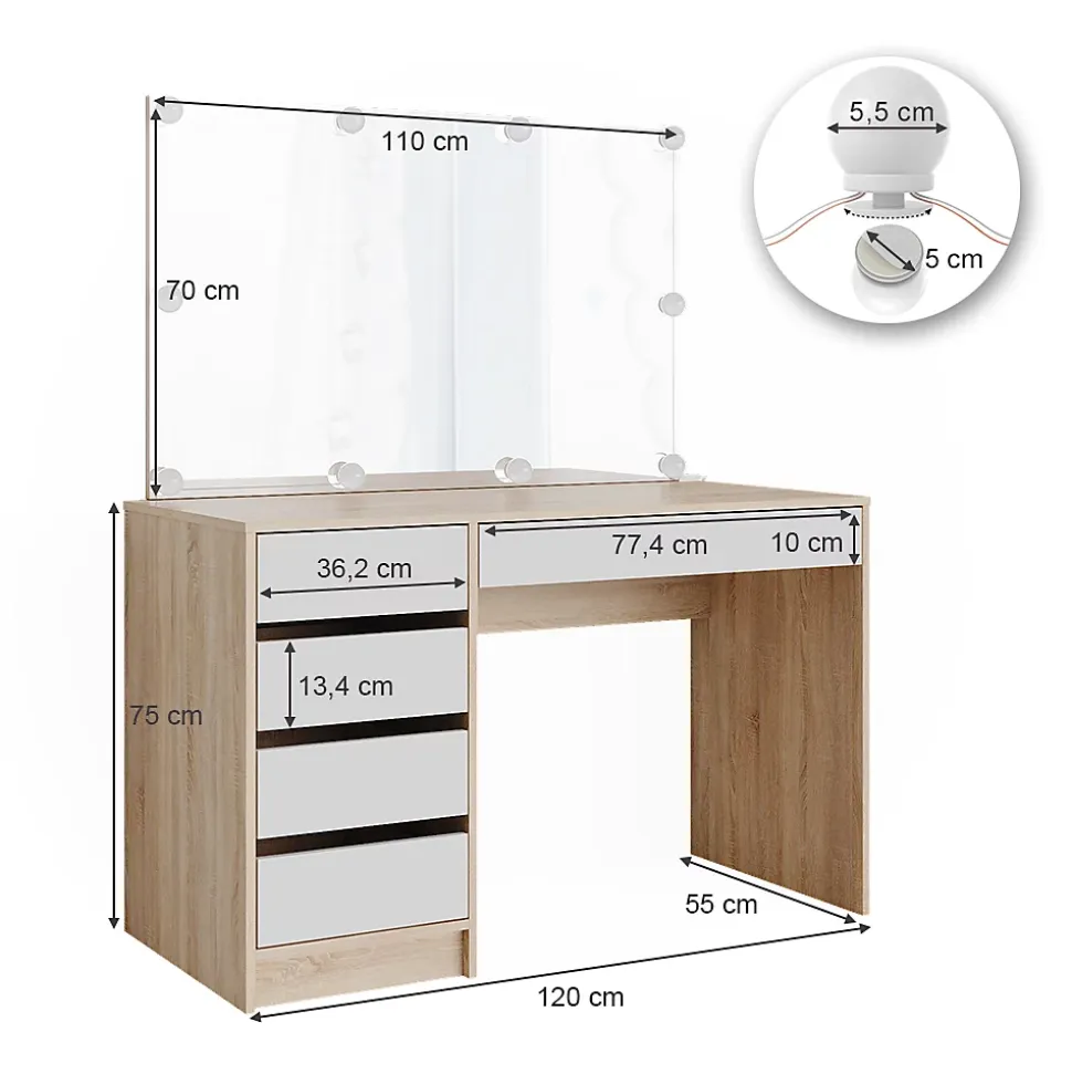 Vicco Coiffeuse Blanc/Sonoma 55cm avec éclairage LED