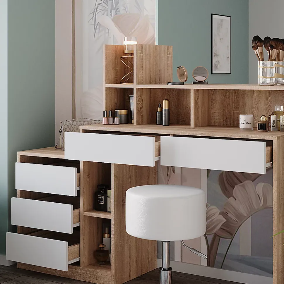 Vicco Coiffeuse Blanc/Sonoma 139.8cm avec tabouret