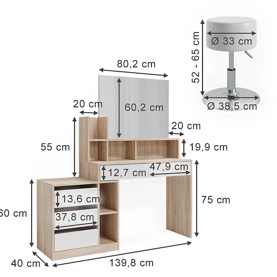 Vicco Coiffeuse Blanc/Sonoma 139.8cm avec tabouret