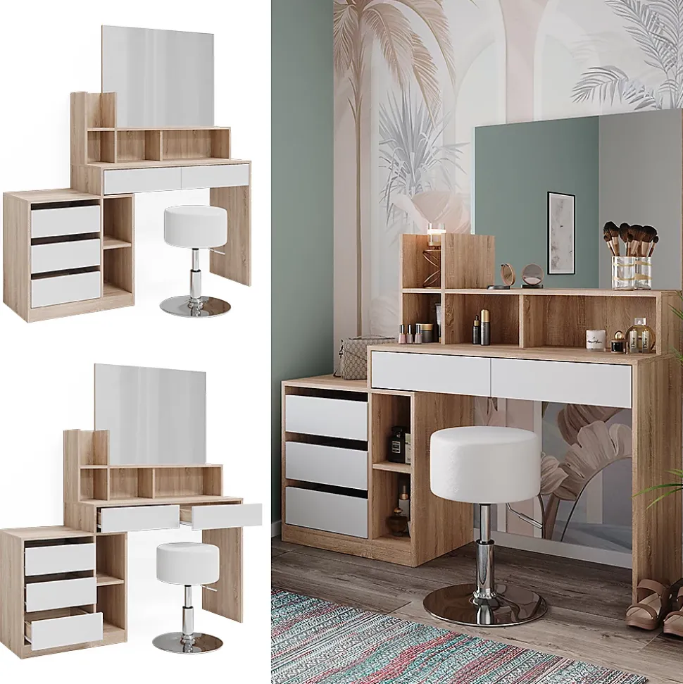 Vicco Coiffeuse Blanc/Sonoma 139.8cm avec tabouret