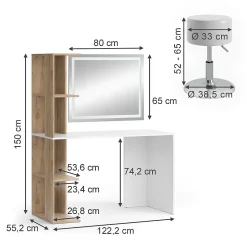 Vicco Coiffeuse Blanc/Sonoma 122.2cm avec miroir LED et tabouret