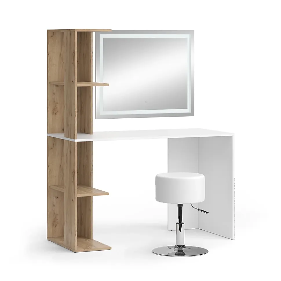 Vicco Coiffeuse Blanc/Sonoma 122.2cm avec miroir LED et tabouret