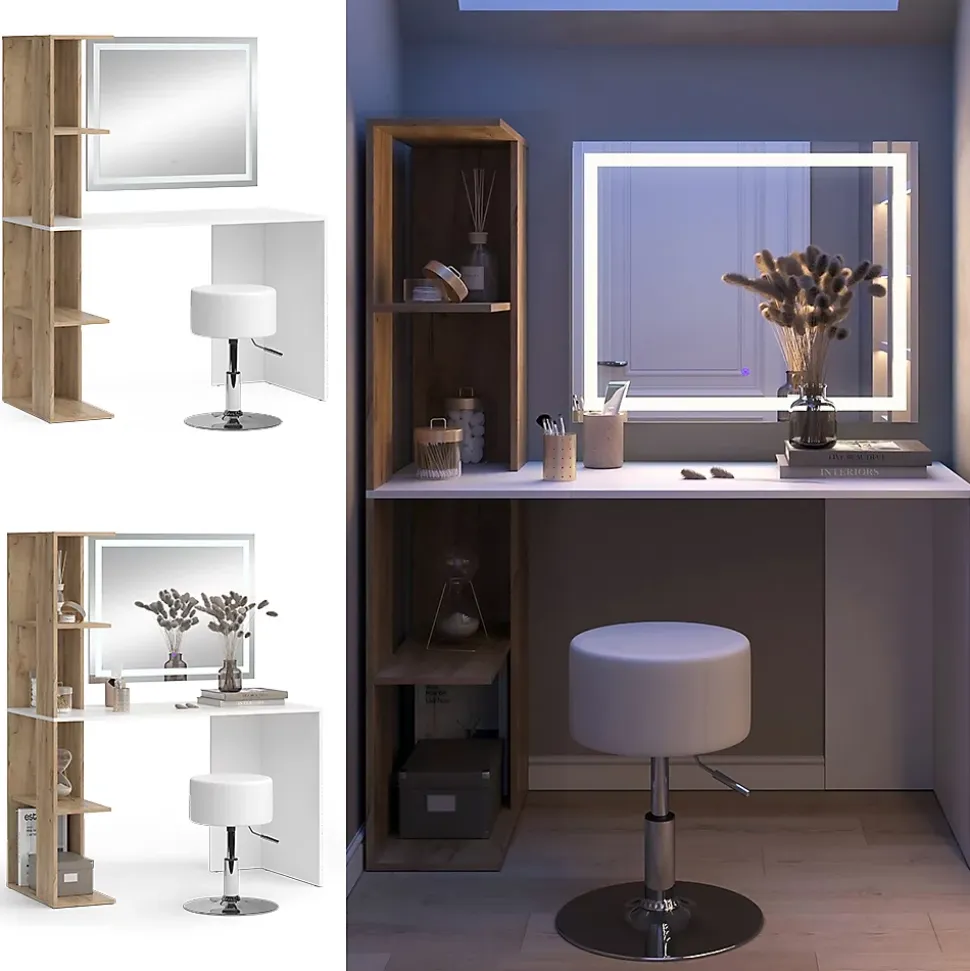 Vicco Coiffeuse Blanc/Sonoma 122.2cm avec miroir LED et tabouret