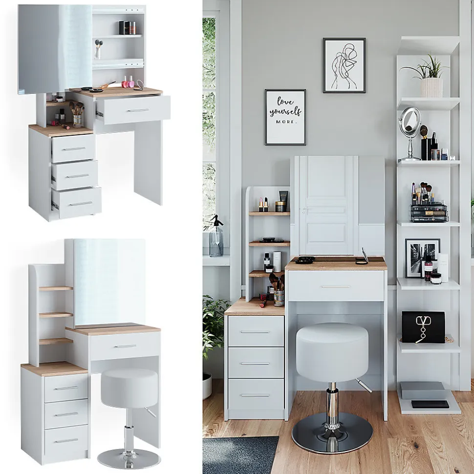 Vicco Coiffeuse Blanc/Sonoma 36cm avec tabouret