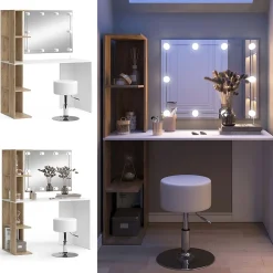Vicco Coiffeuse Blanc/Sonoma 122.2cm avec éclairage et tabouret
