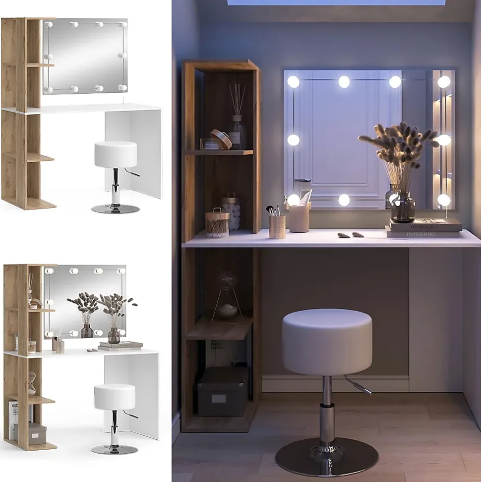 Vicco Coiffeuse Blanc/Sonoma 122.2cm avec éclairage et tabouret