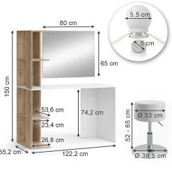Vicco Coiffeuse Blanc/Sonoma 122.2cm avec éclairage et tabouret