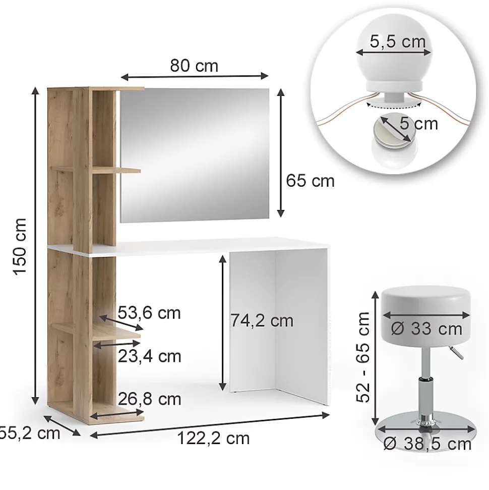 Vicco Coiffeuse Blanc/Sonoma 122.2cm avec éclairage et tabouret