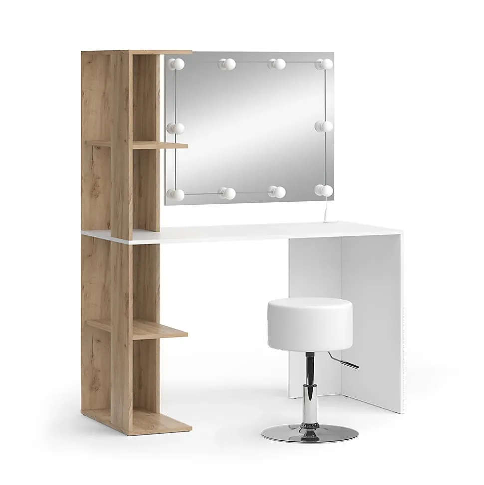 Vicco Coiffeuse Blanc/Sonoma 122.2cm avec éclairage et tabouret