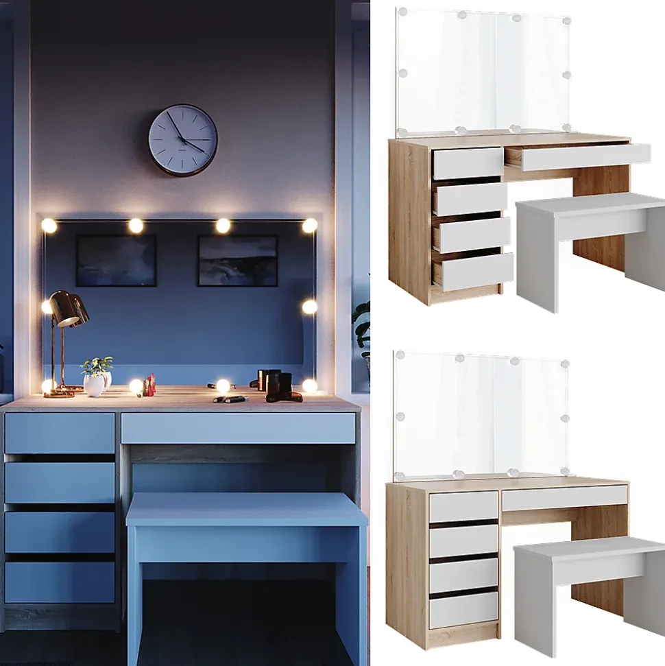 Vicco Coiffeuse Blanc/Sonoma 120cm avec éclairage LED et banc