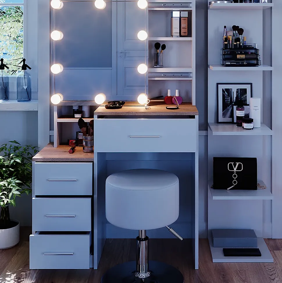 Vicco Coiffeuse Blanc/Sonoma 36cm avec éclairage LED et tabouret