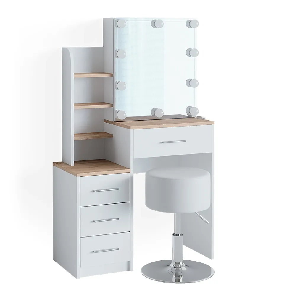Vicco Coiffeuse Blanc/Sonoma 36cm avec éclairage LED et tabouret