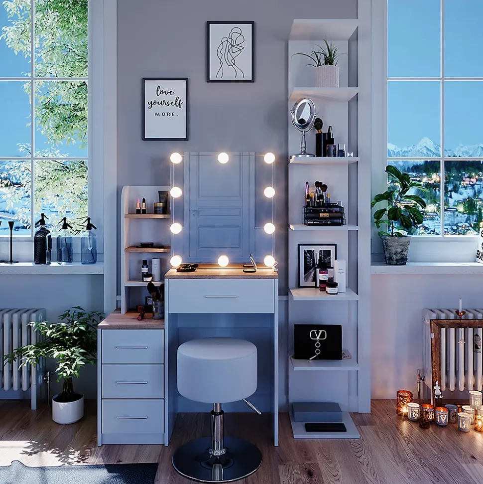 Vicco Coiffeuse Blanc/Sonoma 36cm avec éclairage LED et tabouret