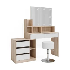 Vicco Coiffeuse Blanc/Sonoma 139.8cm avec éclairage LED et tabouret