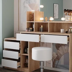 Vicco Coiffeuse Blanc/Sonoma 139.8cm avec éclairage LED et tabouret