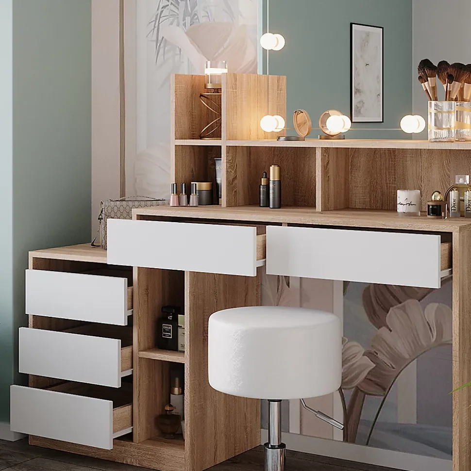 Vicco Coiffeuse Blanc/Sonoma 139.8cm avec éclairage LED et tabouret