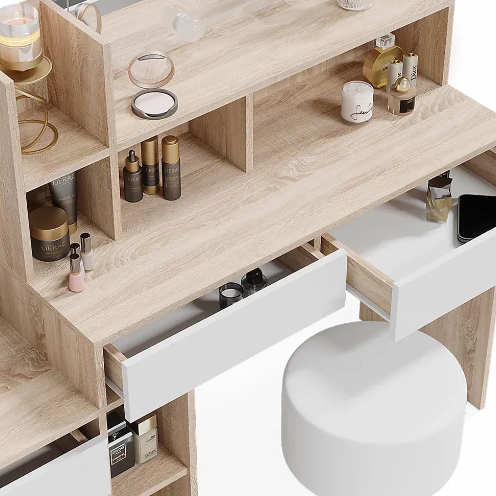 Vicco Coiffeuse Blanc/Sonoma 139.8cm avec éclairage LED et tabouret