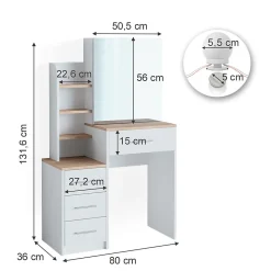 Vicco Coiffeuse Blanc/Sonoma 80cm avec éclairage LED