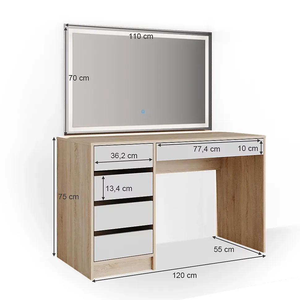 Vicco Coiffeuse Blanc/Sonoma 55cm avec miroir LED