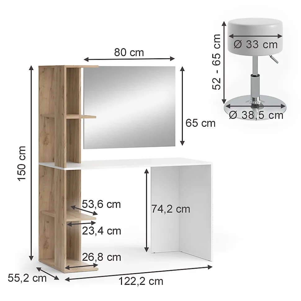 Vicco Coiffeuse Blanc/Sonoma 122.2cm avec tabouret