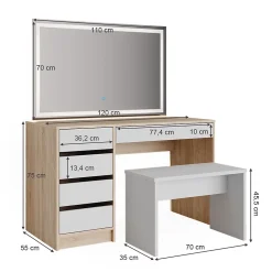 Vicco Coiffeuse Blanc/Sonoma 120cm avec miroir LED et tabouret